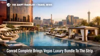 Conrad Complete Las Vegas package at Resorts World pool complex, showing the luxury bundle's summer resort setting