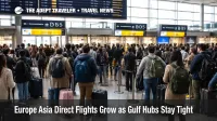 Europe Asia direct flights surge as travelers queue at Frankfurt Airport under long haul departure boards