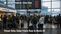Finnair Doha Dubai suspension shown by queues and departure screens inside Helsinki Airport during March disruption