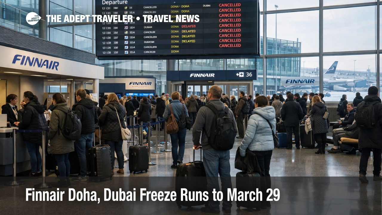 Finnair Doha Dubai suspension shown by queues and departure screens inside Helsinki Airport during March disruption
