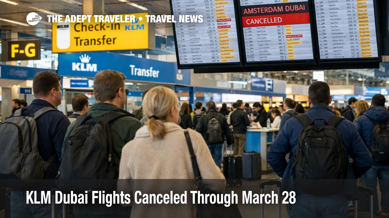 KLM Dubai cancellations shown by travelers watching departure boards at Amsterdam Airport Schiphol after service cuts