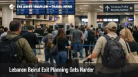 Beirut exit planning scene at BEY shows travelers waiting in a live but fragile departures hall under thinner support