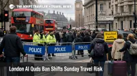London Sunday travel risk near Westminster shows police barriers, buses, and crowding around a central protest zone