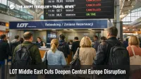 LOT Middle East cuts shown by travelers at Warsaw Chopin Airport rebooking under canceled Gulf and Levant departures