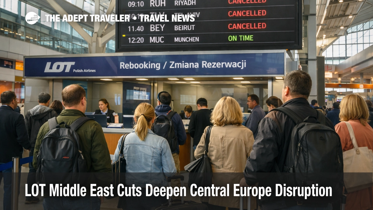 LOT Middle East cuts shown by travelers at Warsaw Chopin Airport rebooking under canceled Gulf and Levant departures