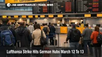 Lufthansa strike Germany disruption shown by queues and delay boards at Frankfurt Airport on March 12 to 13