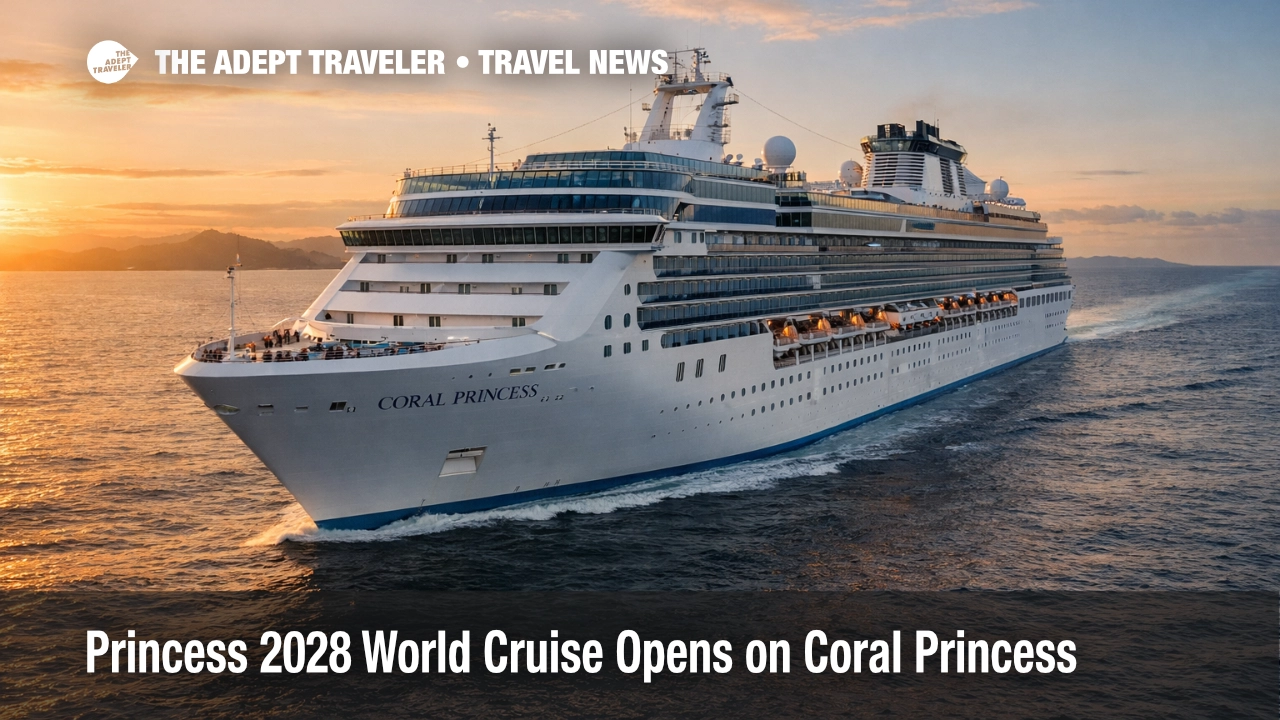 Princess 2028 World Cruise aboard Coral Princess underway in the South Pacific, signaling a 115 day global voyage