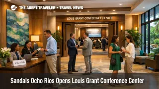 Sandals Ocho Rios conference center entrance at Dunn's River with attendees gathering for a Jamaica group event