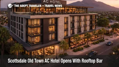 AC Hotel Scottsdale Old Town exterior with rooftop bar, showing the new Scottsdale hotel opening in Old Town