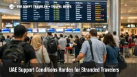 UAE traveler support risk at Dubai airport as stranded passengers wait under mixed departure board updates