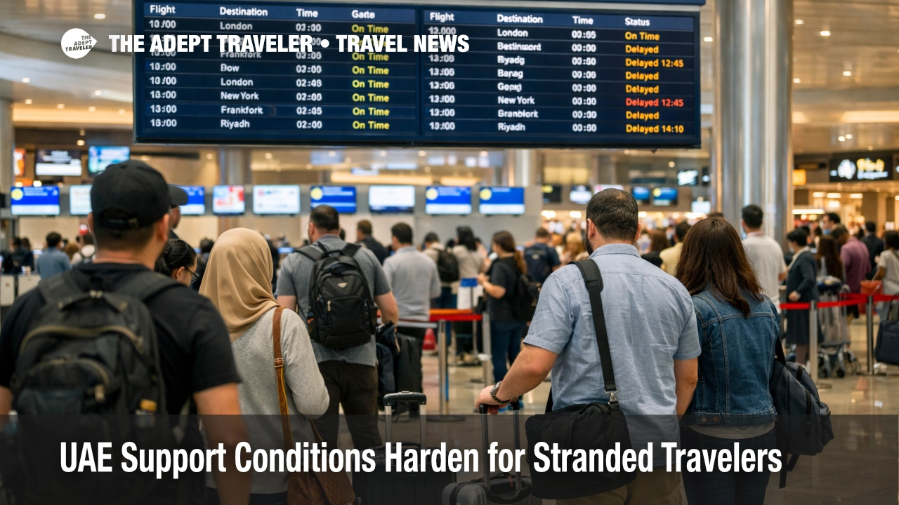 UAE traveler support risk at Dubai airport as stranded passengers wait under mixed departure board updates