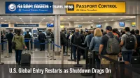 Global Entry restart at JFK arrivals shows expedited reentry lanes back in use beside standard passport control queues