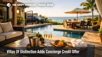 Luxury villa booking credit shown through a private villa stay setup with concierge-ready extras and transfer cues