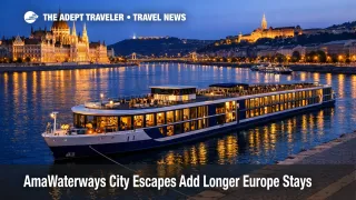 AmaWaterways City Escapes river cruise ship moored overnight in Budapest with city lights reflecting on the Danube
