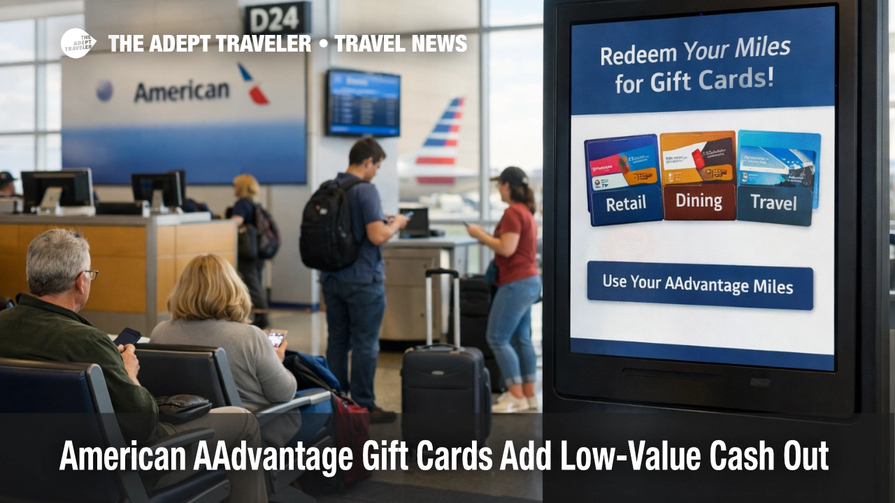 American AAdvantage gift cards shown in a DFW terminal scene, signaling a new miles cash-out option with weak value