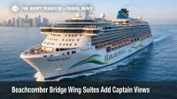 Beachcomber bridge wing suites aboard Margaritaville at Sea's new 2027 PortMiami ship, shown underway near Miami