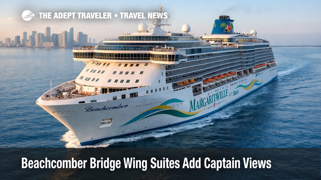 Beachcomber bridge wing suites aboard Margaritaville at Sea's new 2027 PortMiami ship, shown underway near Miami