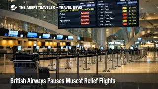 British Airways Muscat flights pause shown through a tense Muscat airport departure hall and London-bound check-in area