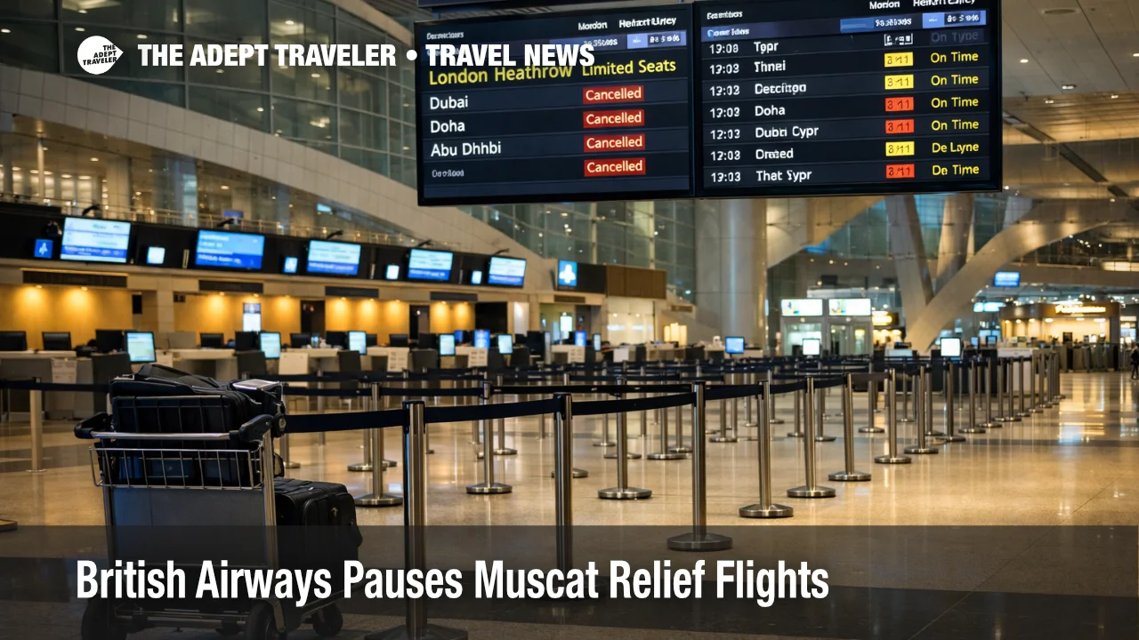 British Airways Muscat flights pause shown through a tense Muscat airport departure hall and London-bound check-in area