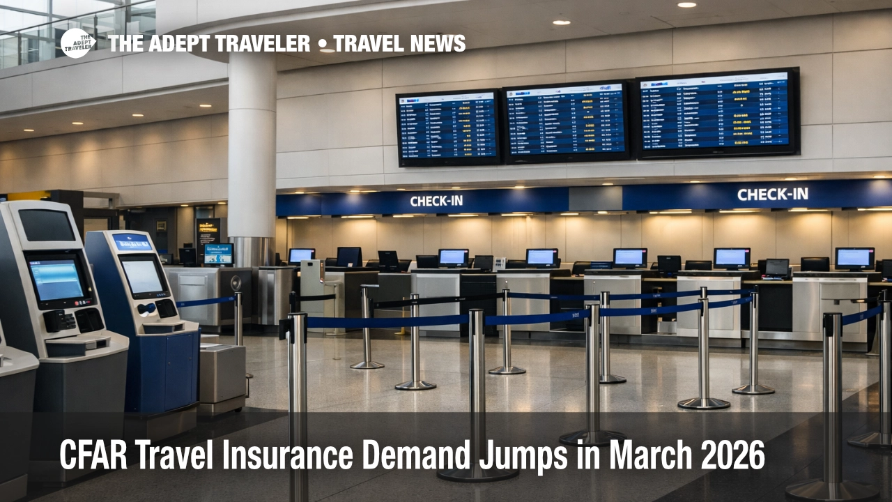 CFAR travel insurance concept at JFK check in counters, showing the predeparture decision point for flexible trip coverage