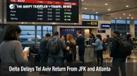 Delta Tel Aviv suspension shown on JFK departure boards as travelers wait near an international gate area