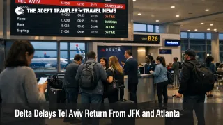 Delta Tel Aviv suspension shown on JFK departure boards as travelers wait near an international gate area