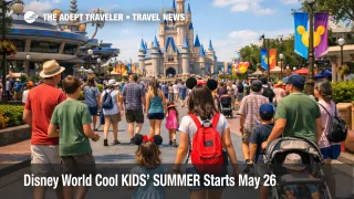 Disney World Cool KIDS' SUMMER scene with families moving through a busy Orlando theme park in early summer