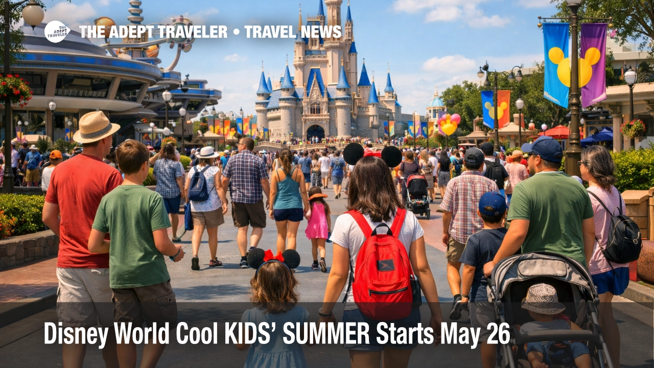 Disney World Cool KIDS' SUMMER scene with families moving through a busy Orlando theme park in early summer