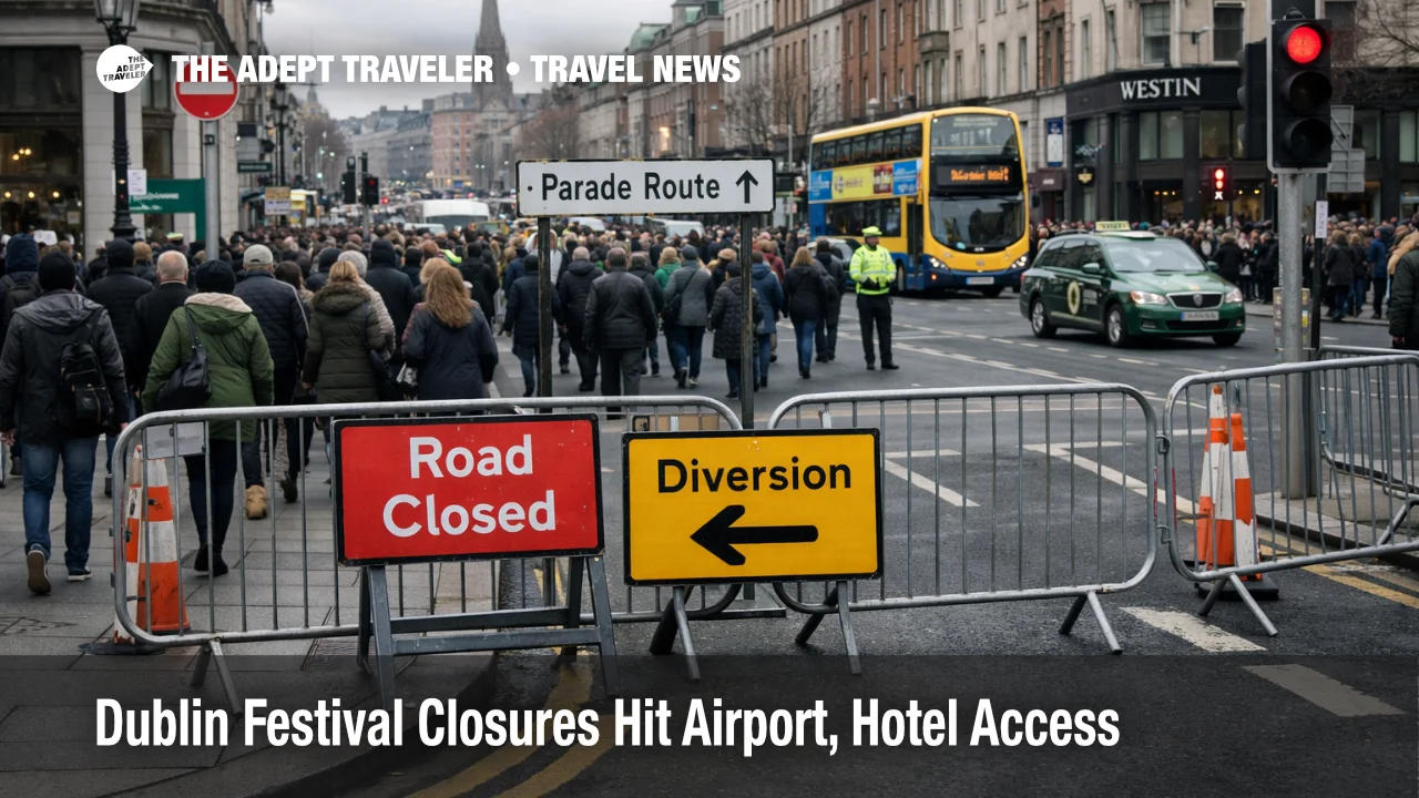 Dublin festival road closures crowd central streets, showing why March 17 hotel and airport transfers need extra buffer