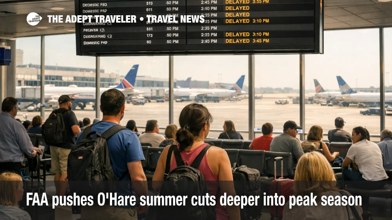 Travelers wait under departure screens at Chicago O'Hare as summer flight cuts and retimed banks raise connection risk