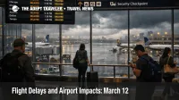 Flight delays and airport impacts March 12 shown on a crowded terminal concourse facing stormy gates in New York