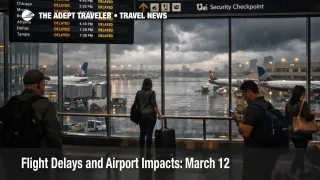 Flight delays and airport impacts March 12 shown on a crowded terminal concourse facing stormy gates in New York