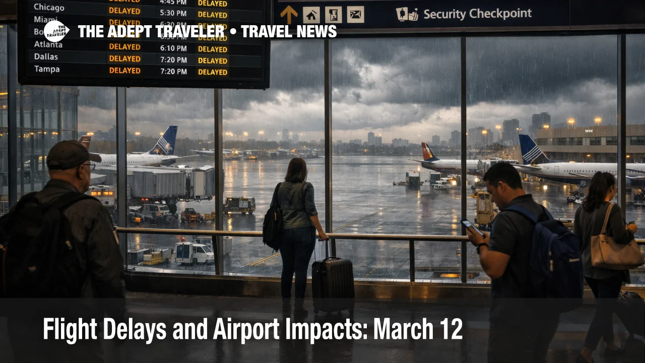 Flight delays and airport impacts March 12 shown on a crowded terminal concourse facing stormy gates in New York