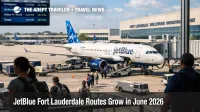 JetBlue Fort Lauderdale routes expansion shown at FLL with a JetBlue gate scene and travelers boarding for summer flights