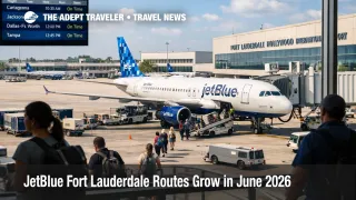 JetBlue Fort Lauderdale routes expansion shown at FLL with a JetBlue gate scene and travelers boarding for summer flights