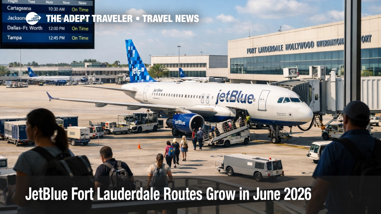 JetBlue Fort Lauderdale routes expansion shown at FLL with a JetBlue gate scene and travelers boarding for summer flights