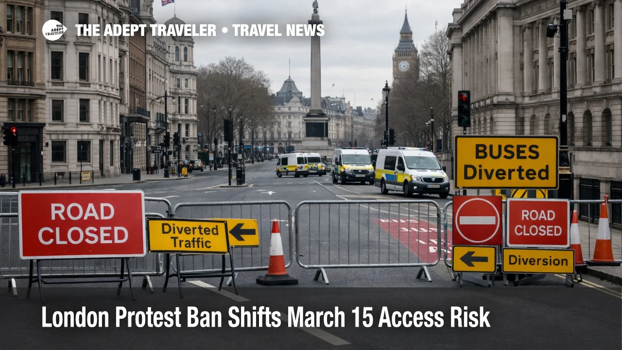 Police barriers and road closures near Whitehall show London protest travel disruption on March 15 in central Westminster
