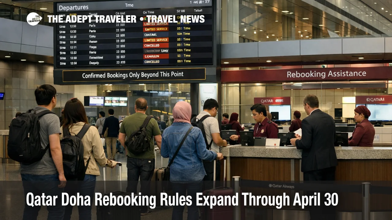 Qatar Doha rebooking rules shown by travelers at Hamad International Airport as limited operations reshape flight plans