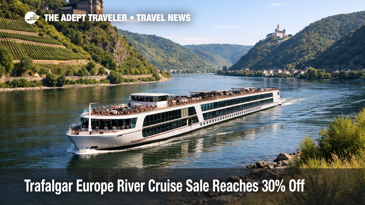 Trafalgar river cruise sale shown as a Rhine ship near Koblenz, highlighting 2026 Europe summer cruise value