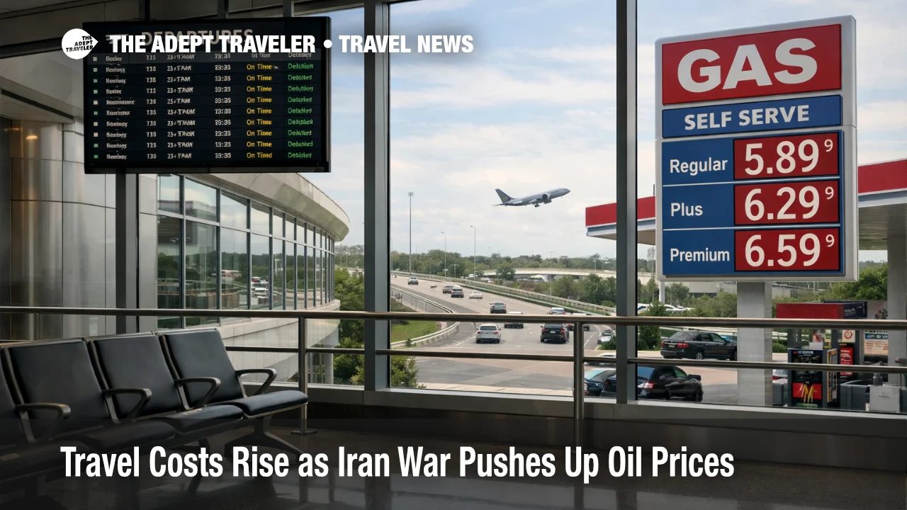 Airport terminal and nearby gas price sign illustrate rising travel costs for U.S. travelers in March 2026