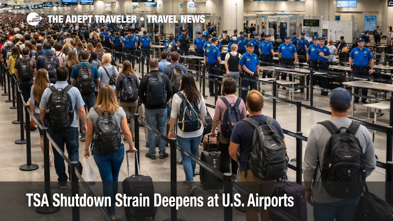 TSA shutdown airport lines grow longer at a busy U.S. hub security checkpoint during spring break travel