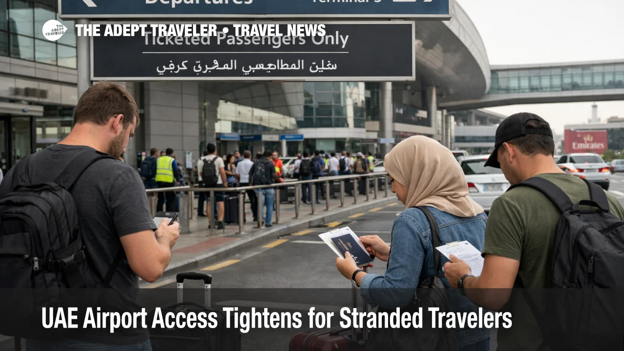 UAE airport access restrictions at Dubai International show travelers checking confirmed tickets before entering