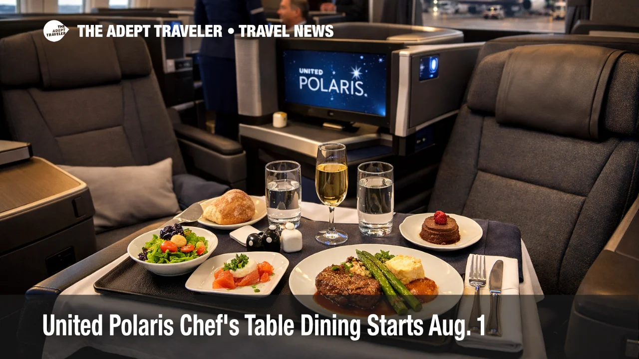 United Polaris Chef's Table dining displayed in a premium cabin at Chicago O'Hare before an international departure