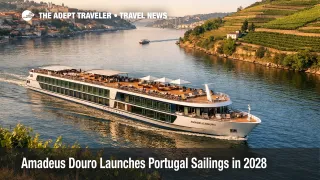 Amadeus Douro Portugal river cruise concept ship sailing near Porto with open decks and Douro Valley scenery