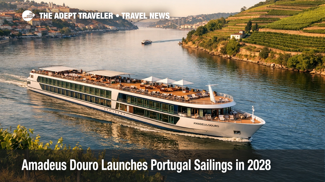 Amadeus Douro Portugal river cruise concept ship sailing near Porto with open decks and Douro Valley scenery