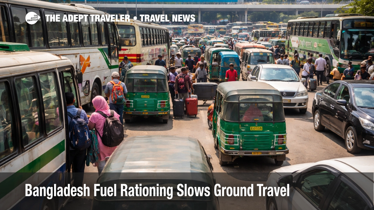 Slow airport approach traffic at Dhaka shows Bangladesh fuel rationing travel delays affecting surface access to DAC