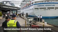 Carnival Adventure docked in Sydney during a cruise oversight dispute, with controlled gangway access at the terminal