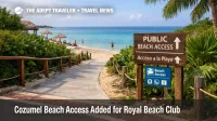 Cozumel beach access path near Royal Beach Club site, showing safer public entry from the road to the shore.