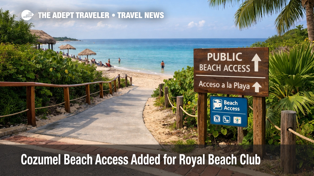 Cozumel beach access path near Royal Beach Club site, showing safer public entry from the road to the shore.