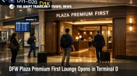 DFW Plaza Premium First lounge entrance in Terminal D, showing the new Dallas airport lounge option for premium travelers